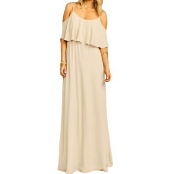 Show Me Your Mumu Caitlin Ruffle Maxi Bridesmaid Dress In Soft Beige Chiffon - Picture 8 of 8